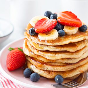 Pancakes with Fresh Fruit and Maple Syrup